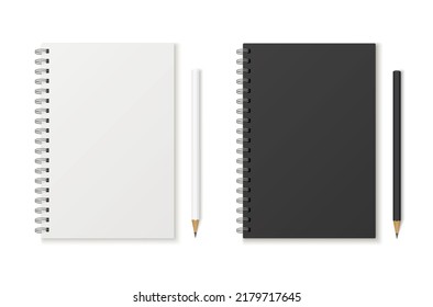 Mockup blank closed notebook and pencil. Template spiral copybook or organizer.