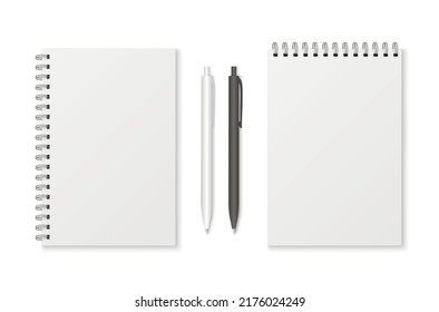 Mockup blank closed notepad  isolated on white background.  Template spiral copybook or organizer. White and black pen.