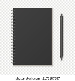 Mockup Blank Closed Notepad  Isolated On White Background.  Template Spiral Copybook Or Organizer. White And Black Pen.