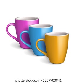 Mockup Blank Colored Cup Mug Yellow, Blue, Pink, Violet Porcelain, Ceramics Isolated On White Background. Mock Up Template For Branding. Photorealistic Illustration. Ready For Your Design. Vector.