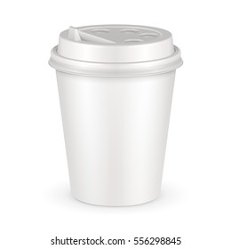 Mockup Blank Disposable Paper Cup With Lid. Container For Cold Or Hot Drink: Coffee, Java, Tea, Cappuccino. Illustration Isolated On White Background. Mock Up Template Ready For Your Design Vector 