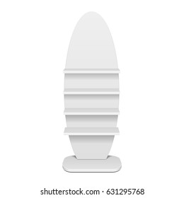 Mockup Blank Ellipse Empty Showcase Display With Retail Shelves. 3D Front View. Illustration Isolated On White Background. Mock Up Template Ready For Your Design. Product Advertising. Vector EPS10