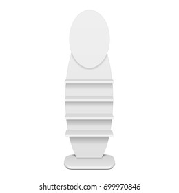 Mockup Blank Ellipse Empty Showcase Display With Retail Shelves. 3D Front View. Illustration Isolated On White Background. Mock Up Template Ready For Your Design. Product Advertising. Vector EPS10