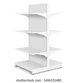 Mockup Blank Empty Double Sided Showcase 3D Display With Retail Shelves. Trading Rack. Mock Up, Template. Illustration On Blue Wall Background. 