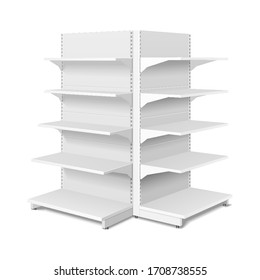 Mockup Blank Empty Double Sided Showcase 3D Display With Retail Shelves. Trading Rack. Mock Up, Template. Illustration On Blue Wall Background. 