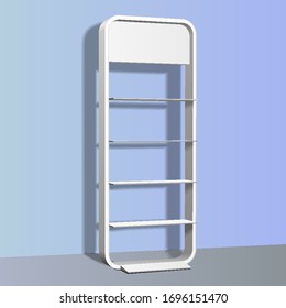 Mockup Blank Empty Rounded Showcase 3D Display With Retail Shelves. Mock Up, Template. Illustration On Blue Wall Background. 
