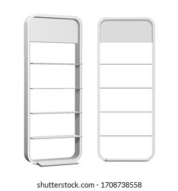 Mockup Blank Empty Rounded Showcase 3D Display With Retail Shelves. Mock Up, Template. Illustration Isolated On White Background. 