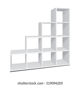 Mockup Blank Empty Showcase Display Rack With Retail Shelves. Front View 3D. Illustration Isolated On White Background. Mock Up Template Ready For Your Design. Product Packing Vector EPS10