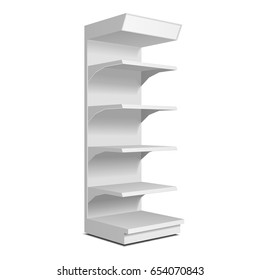 Mockup Blank Empty Showcase Display With Retail Shelves. Perspective View 3D. Illustration Isolated On White Background. Mock Up Template Ready For Your Design. Product Advertising. Vector EPS10