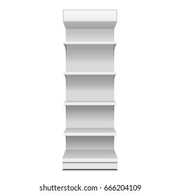 Mockup Blank Empty Showcase Display With Retail Shelves. Front View 3D. Illustration Isolated On White Background. Mock Up Template Ready For Your Design. Product Advertising. Vector EPS10