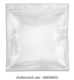 Mockup Blank Filled Retort Foil Pouch Bag Packaging With Zipper. For Medicine Drugs Or Food Product. Illustration Isolated On White Background. Mock Up Template Ready For Your Design. Vector EPS10