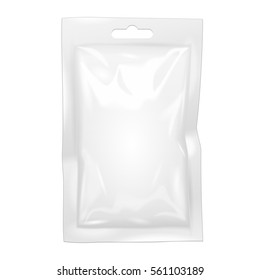 Mockup Blank Filled Retort Foil Flexible Pouch Bag Packaging. For Medicine Drugs Or Food Product. Illustration Isolated On White Background. Mock Up Template Ready For Your Design. Vector EPS10