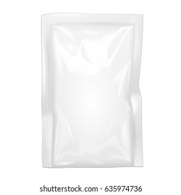 Mockup Blank Filled Retort Foil Pouch Sachet Bag Packaging. For Medicine Drugs Or Food Product. Illustration Isolated On White Background. Mock Up Template Ready For Your Design. Vector EPS10