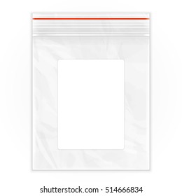 Mockup Blank Flat Poly Clear Bag Empty Plastic Polyethylene Pouch Packaging With Zipper, Ziplock, Lable. Illustration Isolated On White Background. Mock Up Template. Ready For Your Design. Vector 
