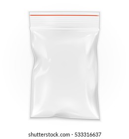 Mockup Blank Flat Poly Clear Bag Filled Plastic Polyethylene Pouch Packaging With Zipper, Ziplock. Illustration Isolated On White Background. Mock Up Template. Ready For Your Design. Vector EPS10