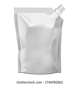 Mockup Blank Foil Bag Food Or Drink Flexible Pouch Packaging With Corner Spout Lid. Illustration Isolated On White Background. Mock Up Template.