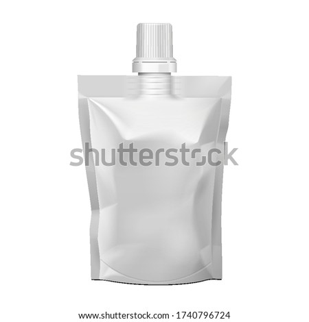 Mockup Blank Foil Flexible Pouch Bag With Corner Spout Lid. Food Or Drink Packaging. Illustration Isolated On White Background. Mock Up Template.