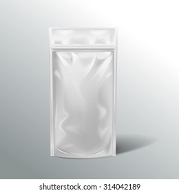 Mockup Blank Foil Food Or Drink. White Realistic Plastic Pouch Ready For Your Design And Branding.