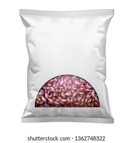 Mockup Blank Foil Or Paper Food Stand Up Pouch Snack Sachet  Full Bag Packaging With Window And Beans, Nuts. Vegan Food. Front View. Illustration Isolated On White Background. Mock Up. Vector EPS10