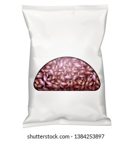 Mockup Blank Foil Or Paper Food Stand Up Pouch Snack Sachet  Full Bag Packaging With Window And Beans, Nuts. Vegan Food. Front View. Illustration Isolated On White Background. Mock Up. Vector EPS10