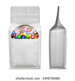 Mockup Blank Foil Or Paper Food Stand Up Pouch Snack Sachet  Full Bag Packaging With Window And Candys, Sweets, Chocolate, Nuts. Vegan Food. Front View. Illustration Isolated. Mock Up.
