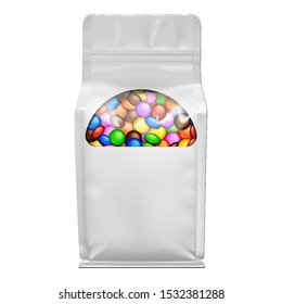 Mockup Blank Foil Or Paper Food Stand Up Pouch Snack Sachet  Full Bag Packaging With Window And Candys, Sweets, Chocolate, Nuts. Vegan Food. Front View. Illustration Isolated. Mock Up.