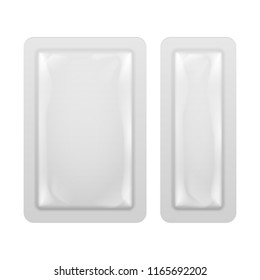 Mockup Blank Foil Pouch Bag Packaging Filled Retort. For Medicine Drugs Or Food Product. Illustration Isolated On White Background. Mock Up Template Ready For Your Design. Vector EPS10