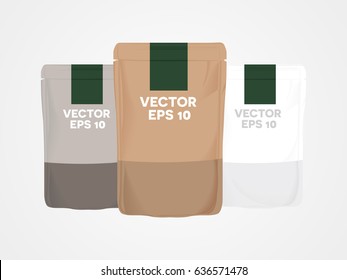 Mockup Blank Food Snack Stand Up Flexible Pouch Snack Sachet,product Packaging Template With Three Color Grey White And Brown, Illustrator Vector Background