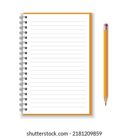 Ziehen Sie ein leeres Notebook und einen gelben Bleistift einzeln auf weißem Hintergrund auf.  Vorlage Spiralbuch oder Veranstalter.
