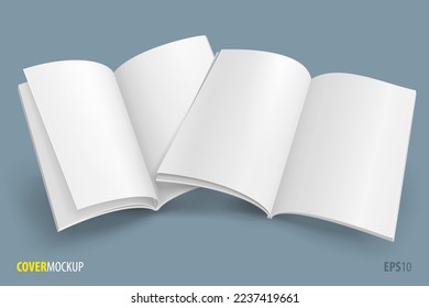 Mockup Blank Open, Book, Magazine, Booklet, Brochure, Cover. Illustration  On Blue, Gray Background. Mock Up Template Ready For Your Design. Vector EPS10