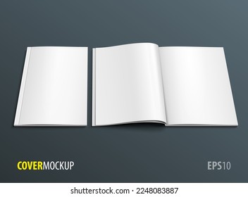 Mockup Blank Open, Book, Magazine, Booklet, Brochure, Cover. Illustration  On Black, Gray Background. Mock Up Template.