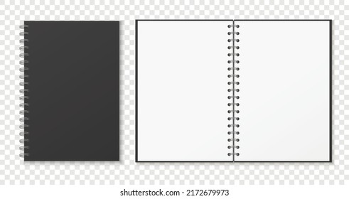 Mockup blank open and closed notebook  isolated on white background. Grunge spiral copybook or organizer.