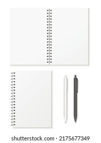 Mockup blank open and closed notebook  isolated on white background. Template spiral copybook or organizer. White and black pen.