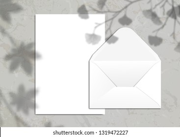 Mock-up with blank paper background card with ginkgo leaves branch shadow on marble surface. Mock up scene creator Styled banner social media. branding design. Space for text Feminine wedding desktop