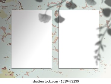 Mock-up with blank paper background card with ginkgo leaves branch shadow on marble surface. Mock up scene creator Styled banner social media. branding design. Space for text Feminine wedding desktop