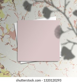 Mock-up with blank paper background card with ginkgo leaves branch shadow on marble surface. Mock up scene creator Styled banner social media. branding design. Space for text Feminine greeting desktop