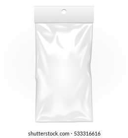 Mockup Blank Plastic Pocket Bag. Transparent. With Hang Slot. Illustration Isolated On White Background. Mock Up Template Ready For Your Design. Vector EPS10