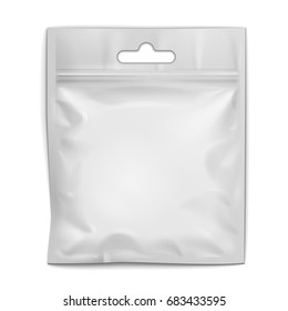 Mockup Blank Plastic Pocket Bag. Transparent. With Hang Slot. Illustration Isolated On White Background. Mock Up Template Ready For Your Design. Vector EPS10