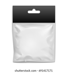 Mockup Blank Plastic Pocket Bag. Transparent. With Hang Slot. Illustration Isolated On White Background. Mock Up Template Ready For Your Design. Vector EPS10