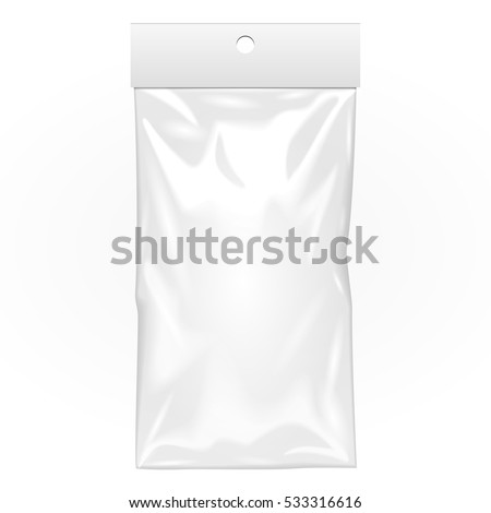 Mockup Blank Plastic Pocket Bag. Transparent. With Hang Slot. Illustration Isolated On White Background. Mock Up Template Ready For Your Design. Vector EPS10