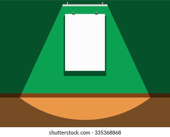 Mock-up. Blank poster on the green wall, lighted by the fluorescent lamp
