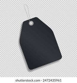 Mockup of blank price tag with a string for hanging isolated on transparent background. Template of black discount paper label for shopping or gift tag, card, badge with cord. Vector cardboard sticker