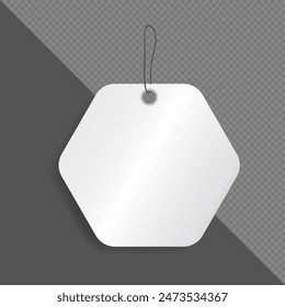 Mockup of blank price tag with a string for hanging isolated on transparent background. Template of white discount paper label for shopping or gift tag, card, badge with cord. Vector cardboard sticker