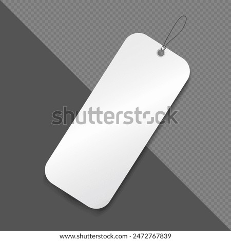 Mockup of blank price tag with a string for hanging isolated on transparent background. Template of white discount paper label for shopping or gift tag, card, badge with cord. Vector cardboard sticker