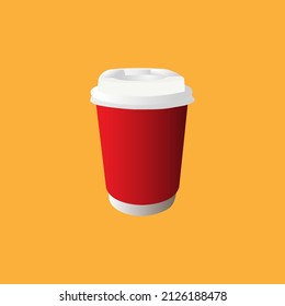 The mockup of blank red coffee cup with whte lid isolated on orange background as vector illustration.