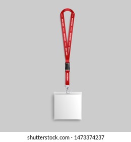 Mockup of blank square badge hanging on red lanyard realistic style, vector illustration isolated on gray background. Template of empty identification card with strap