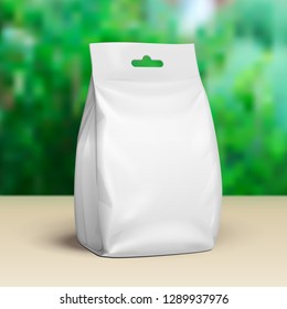 Mockup Blank Stand Up Pouch Snack Sachet Bag. Mock Up, Template. Green Summer Garden Background. Ready For Your Design. Product Packaging. Vector EPS10