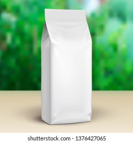 Mockup Blank Stand Up Pouch Snack Sachet Bag. Mock Up, Template. Green Summer Garden Background. Ready For Your Design. Product Packaging. Vector EPS10