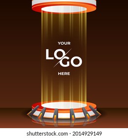 Mockup of blank template layout of stage illuminated by cyberpunk spotlights. 3d render illustration. Scene is empty to place your text, logo or object.