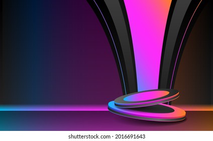 Mockup of blank template layout of stage illuminated by cyberpunk spotlights. 3d render illustration. Scene is empty to place your text, logo or object.